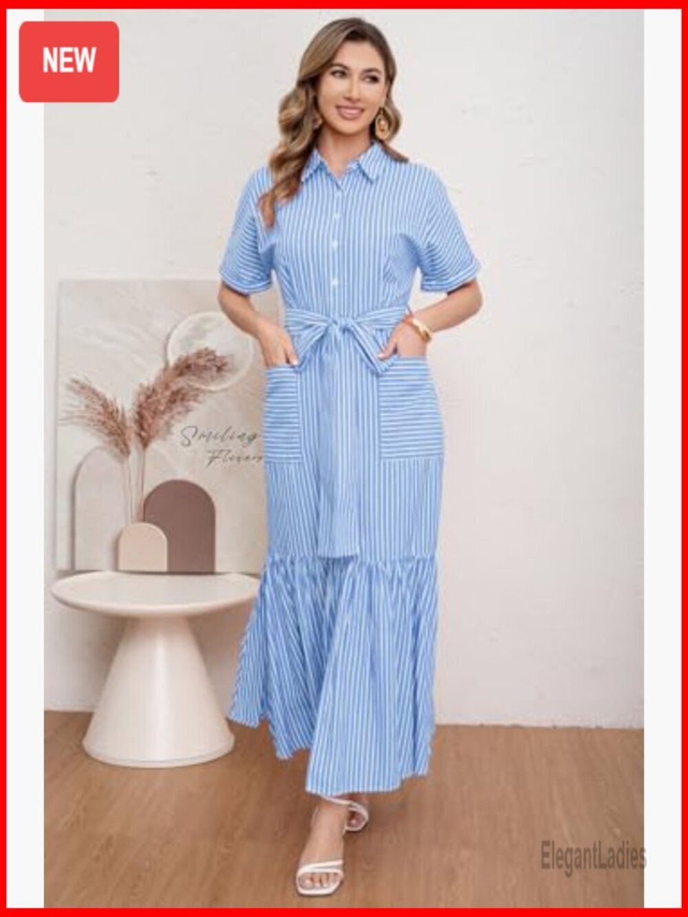 Striped Button Down Maxi Dress with Belt and Pockets - Picture 5 of 7